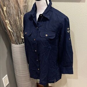 Lauren Ralph Lauren Nautical Anchor Navy Blue & Gold Linen Button Up Shirt M